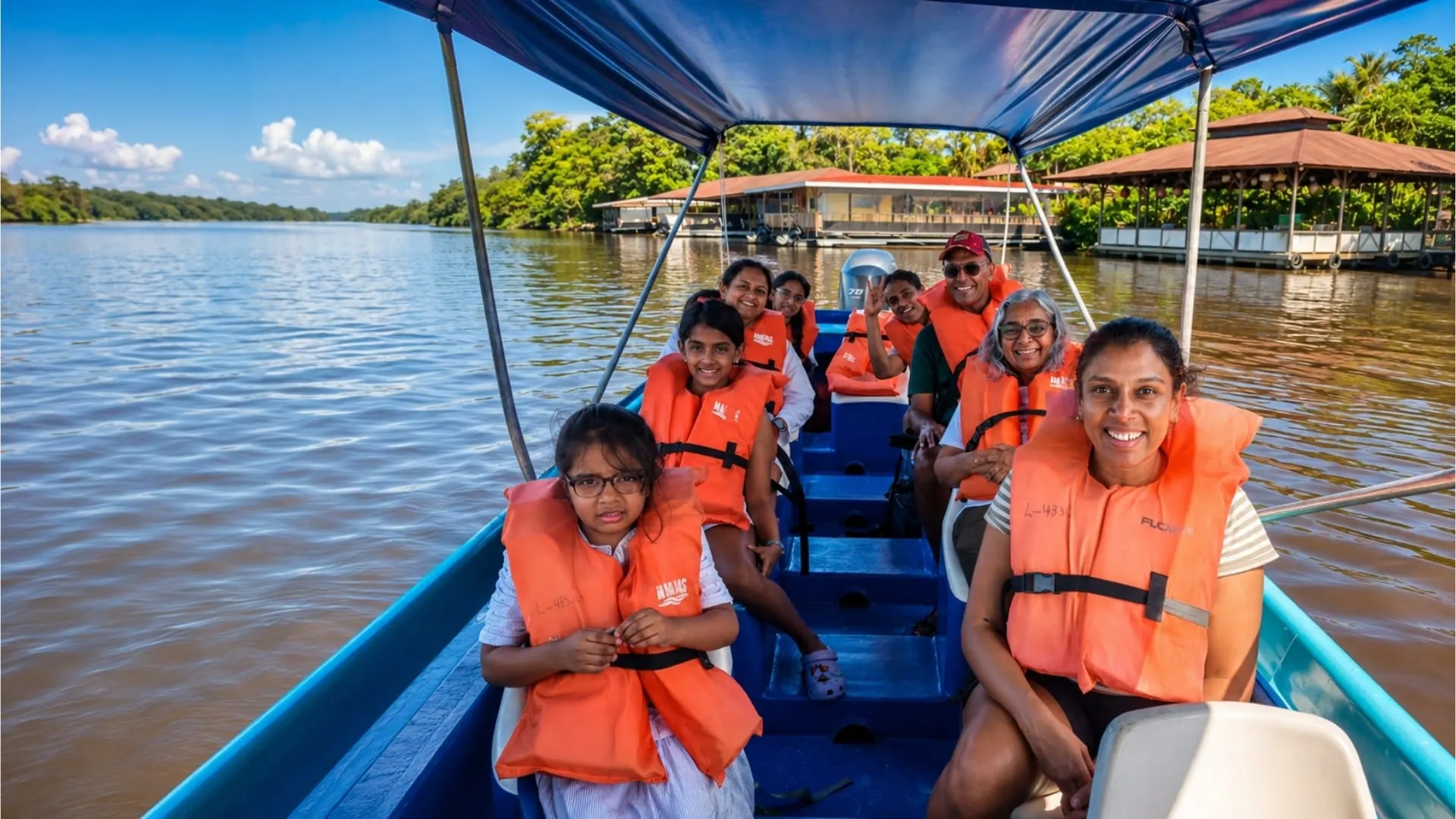 Familia de turistas con chalecos salvavidas a bordo